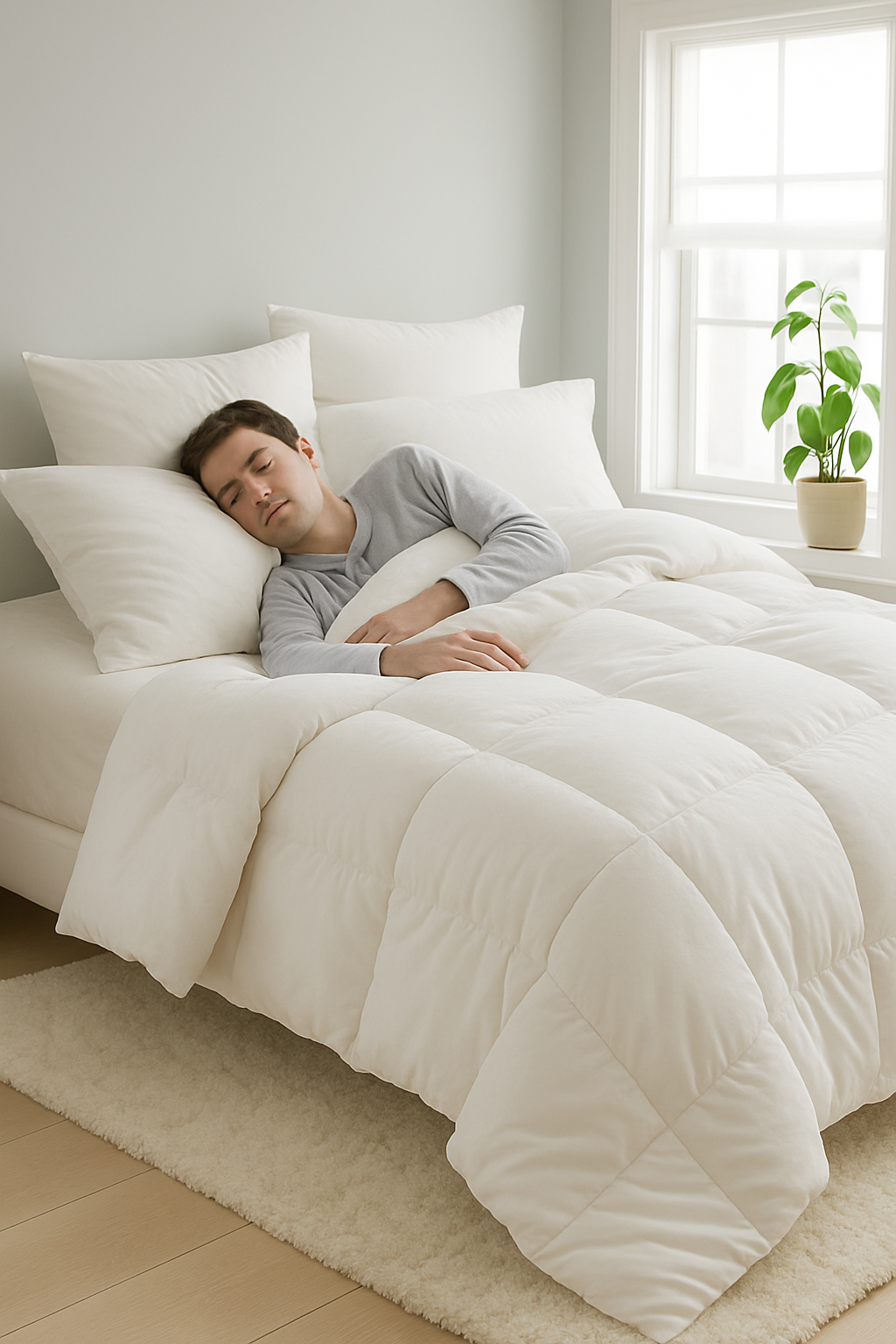 Man lying in bed under a white comforter with a plant in the background