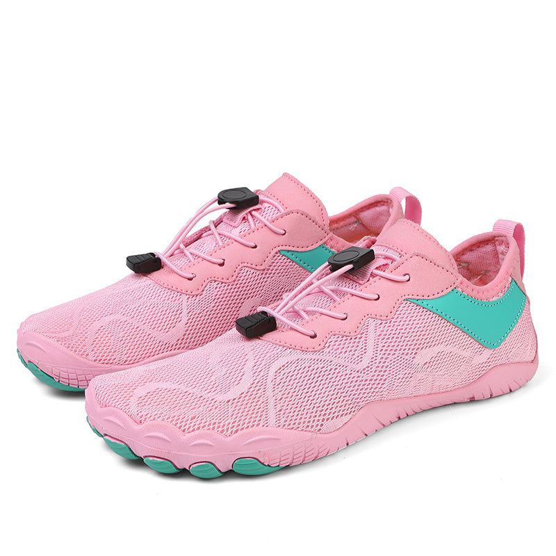 Unisex barefoot quick drying aqua water shoes shown from a front angle with breathable air mesh upper and non slip rubber sole for secure footing.