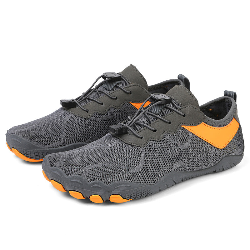 Unisex barefoot quick drying aqua water shoes shown from a front angle with breathable air mesh upper and non slip rubber sole for secure footing.